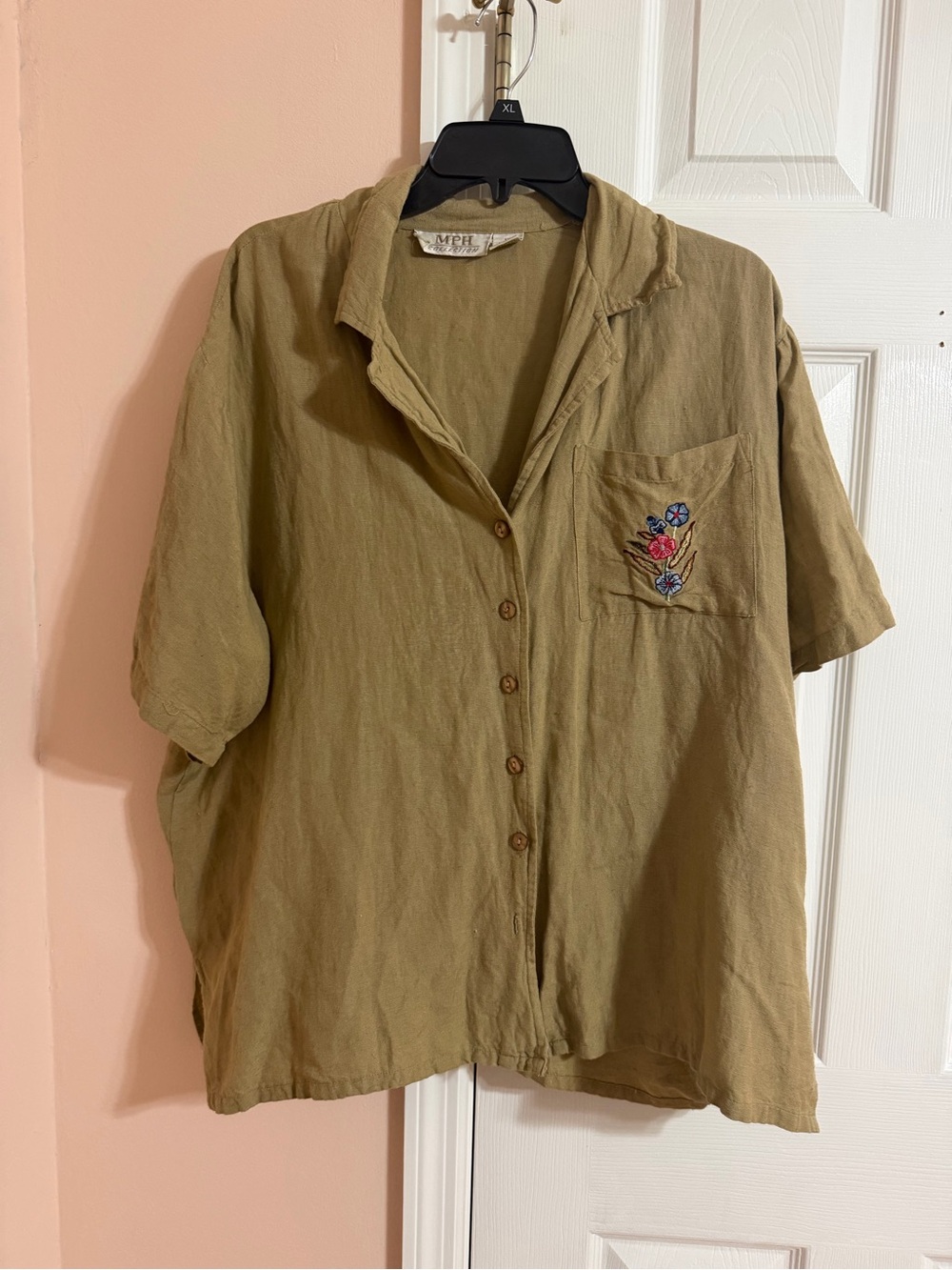 Relaxed Olive Button-Down Shirt with Embroidered Pocket